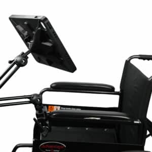 Black wheelchair with connected stand for device.