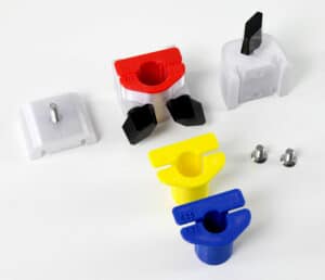 Easy mount colorful tray adapters with pieces.