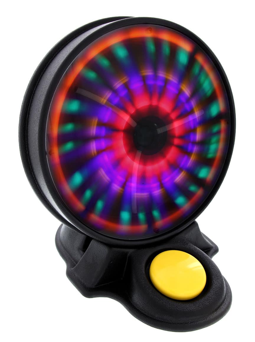 Black magical colorful light show toy with yellow button.