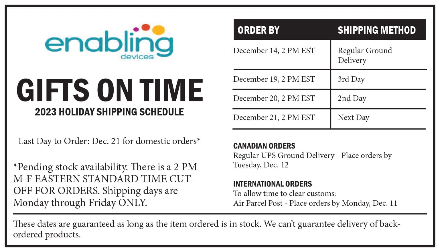 2023 Holiday Shipping Dates