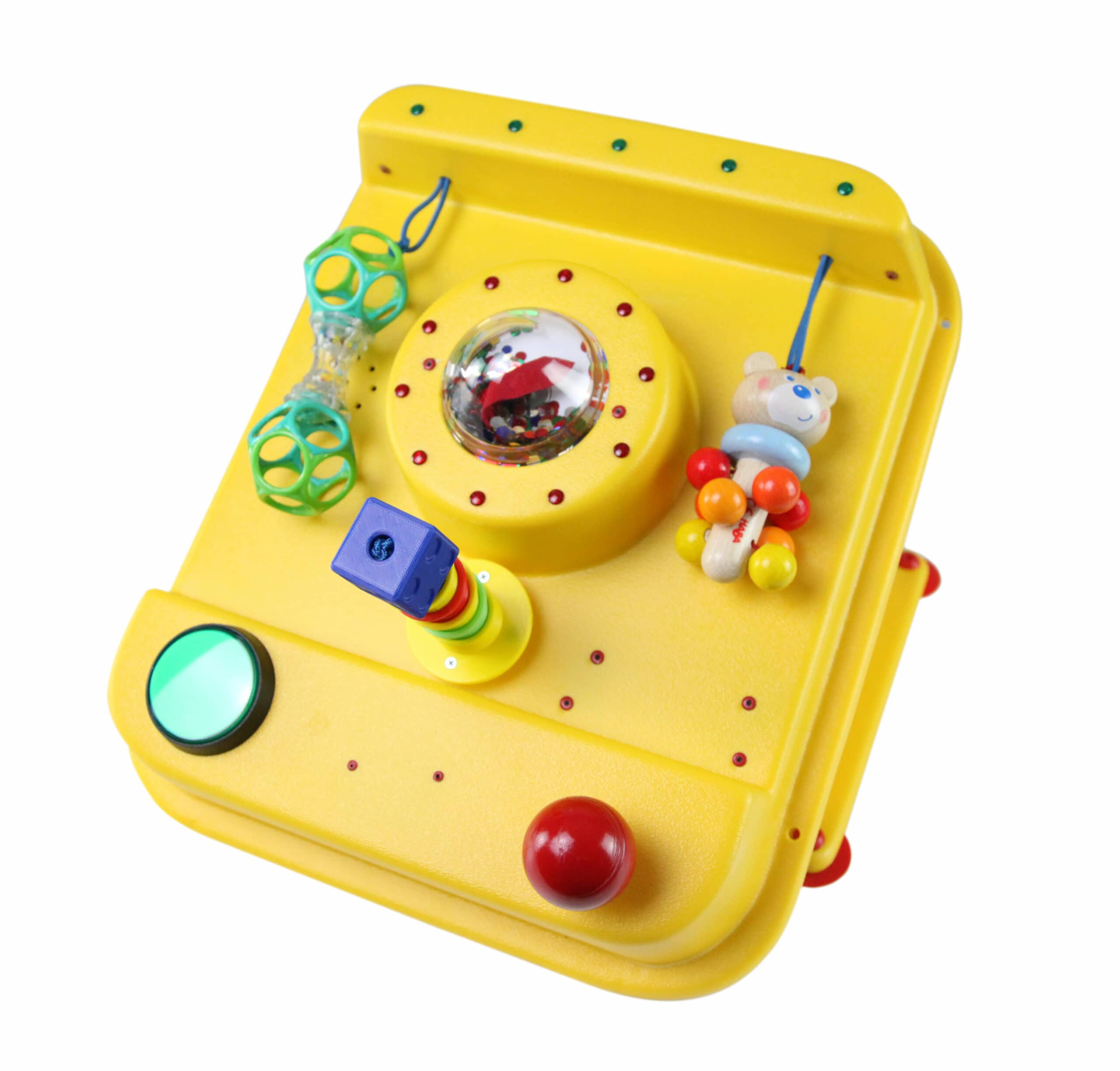 Yellow therapeutic manipulator toy with attachments.