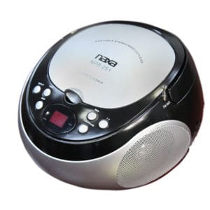 Black and grey portable CD player with radio.