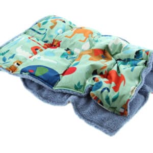Green and blue zoo themed weighted blanket for children.