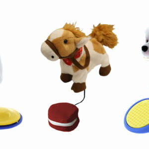 Three stuffed animal toys with colored buttons and cords attached.