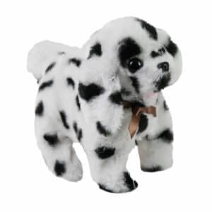 Black and white Dalmatian stuffed animal with brown bow.