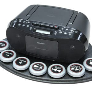 Black Sony CD boom box control center with buttons.