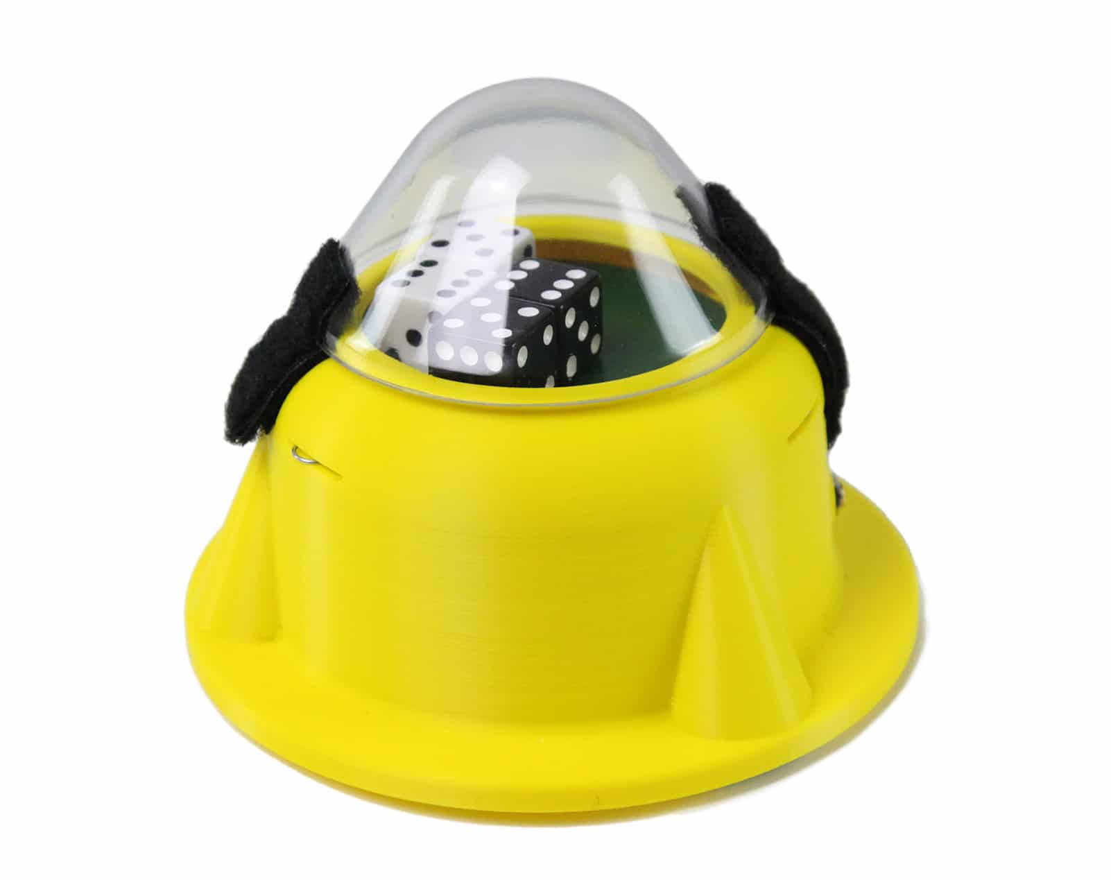 High Roller interactive yellow tow with black and white dice inside a dome.