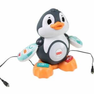 Interactive penguin toy with cords for children.