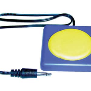 Yellow button click switch with a blue base and cord.