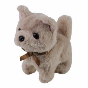 Small retriever stuffed animal with brown bow.