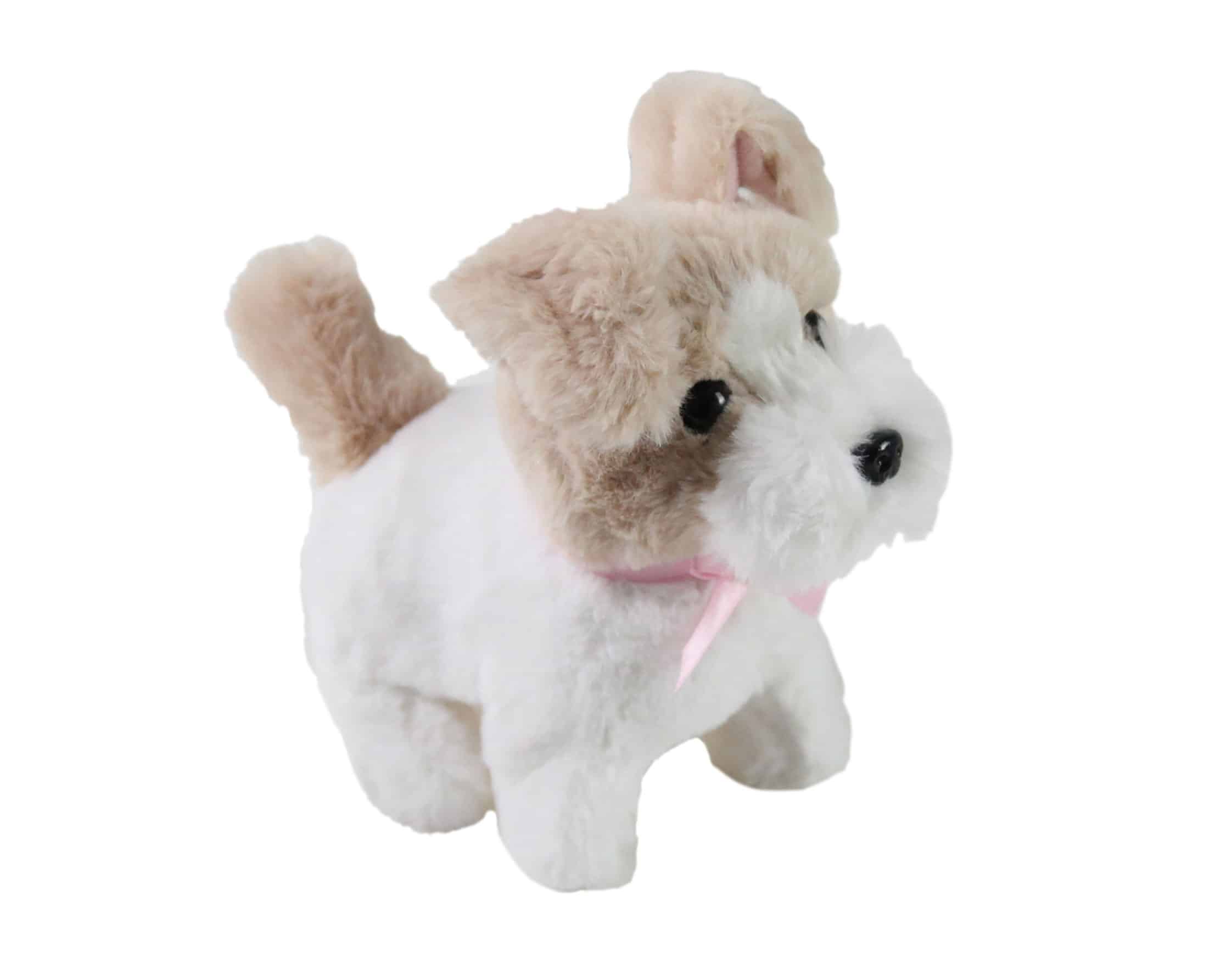 White and brown terrier stuffed animal with pink bow.