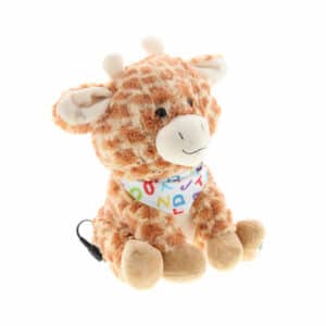 Stuffed animal giraffe toy wearing a white colorful lettered bandana.