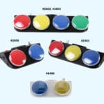Multiple devices with colored buttons for talking.