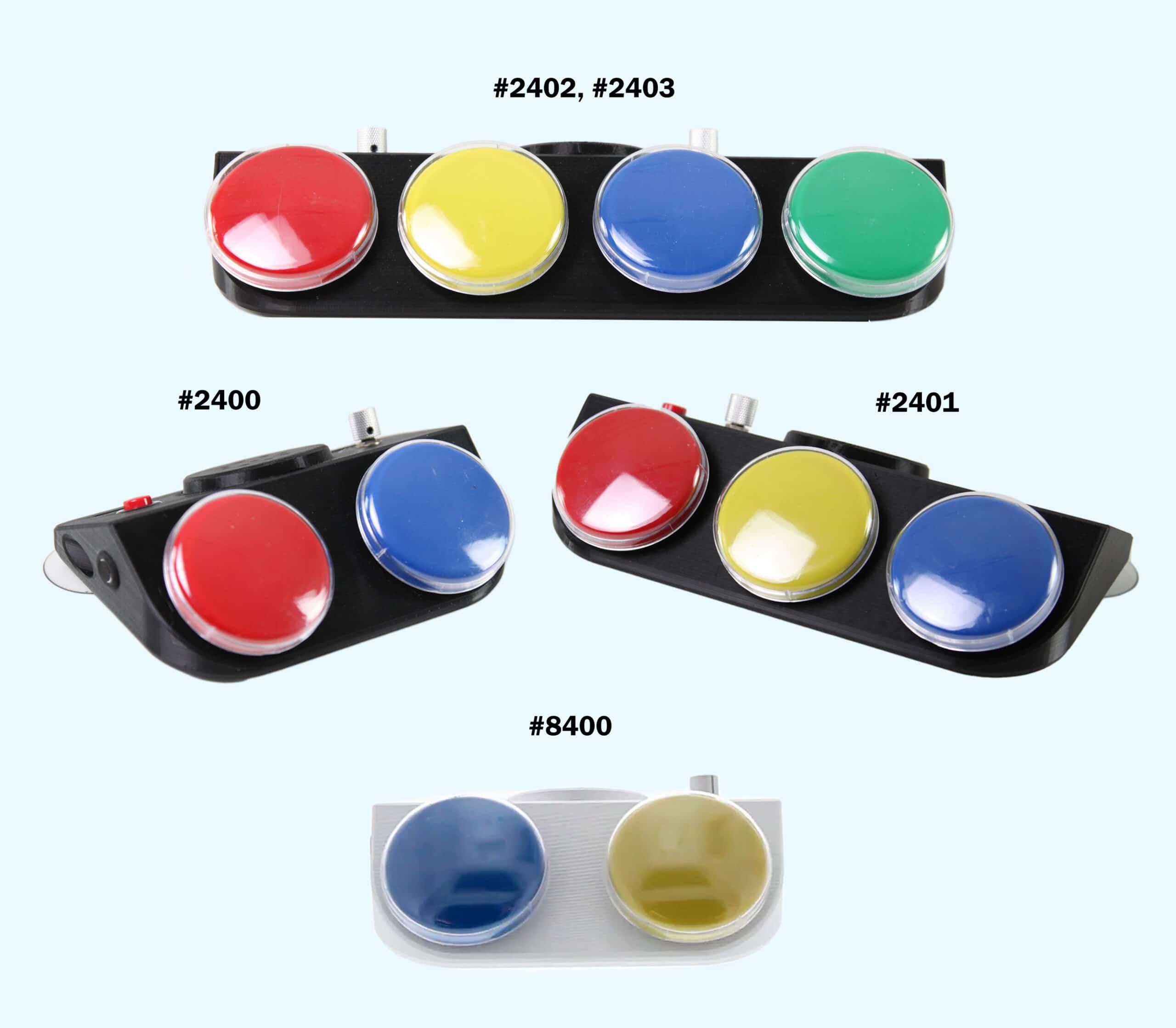 Multiple devices with colored buttons for talking.