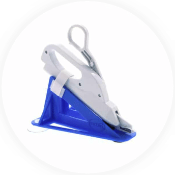Blue and white toy with handle.
