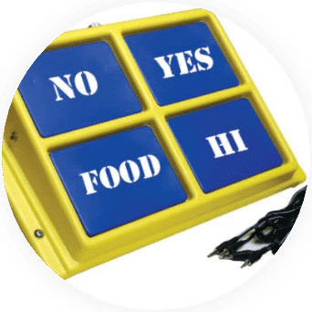 Yellow square device with the words no, yes, food and hi in blue squares.
