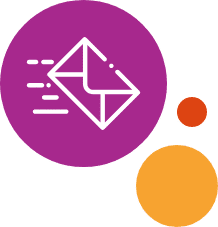Purple email icon moving toward orange circle icons.